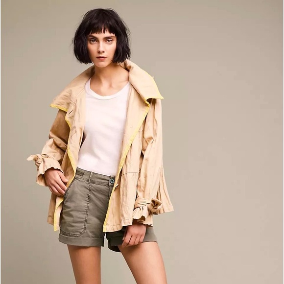 Anthro Hei Hei Khaki Tiered Swing Neon Yellow Mesh Accented Tie Cuff Trench Coat - Picture 2 of 16